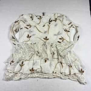 Marilu Boho Peasant Blouse Embroidered Ruffle Lace Hem Cream Top S/M Cottagecore
